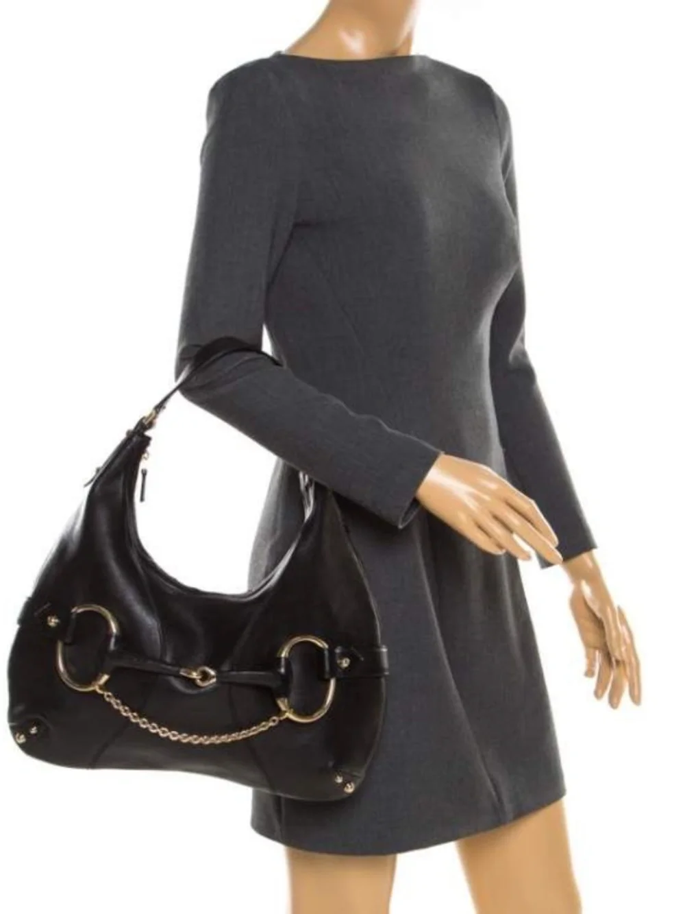 Authentic Gucci Leather Heritage Horsebit Hobo Bag Black